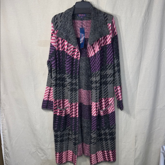 Joseph A Cardigan Pink/Purple/Gray Plaid Duster Length Open Front in Size M  NWT - Picture 3 of 12